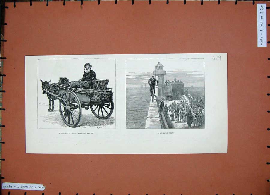 Old Antique Print 1887 Bicycle Lighthouse Victoria Cross Horse Cart Man 19th