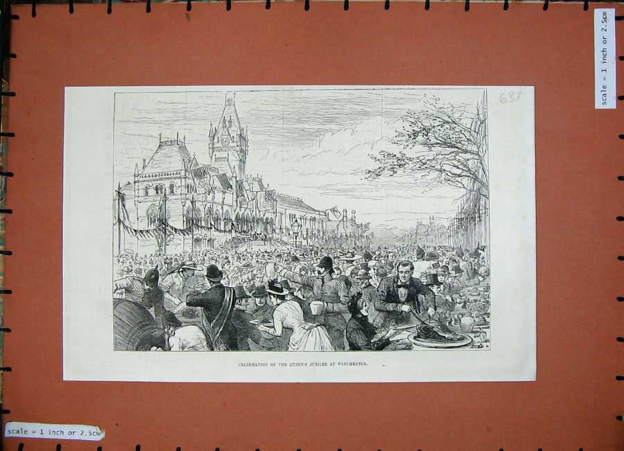 Original Old Antique Print Queen'S Jubilee Celebration Winchester England 1887