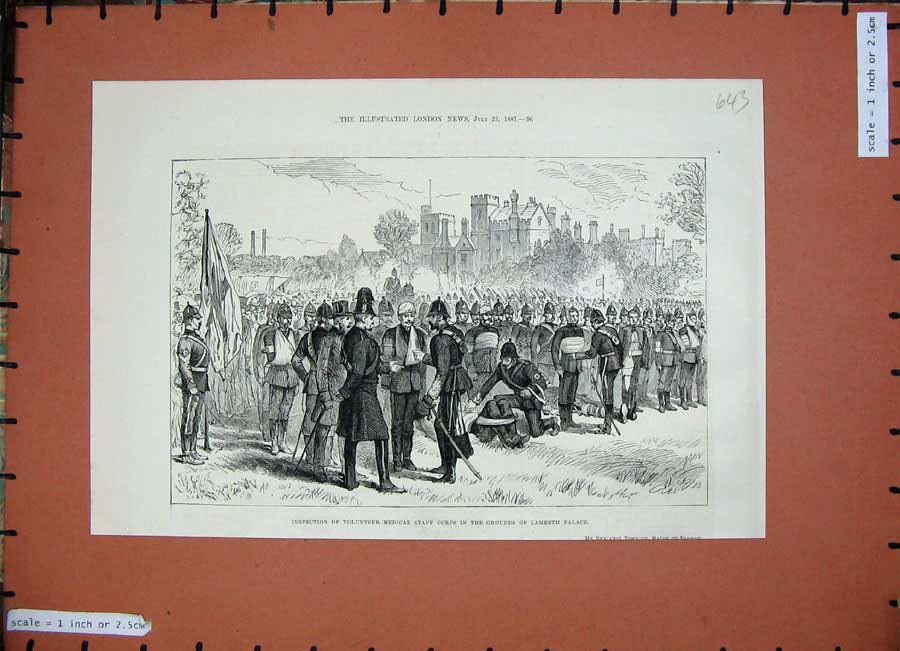 Old Antique Print 1887 Volunteer Medical Staff Corps Lambeth Palace Army 19th