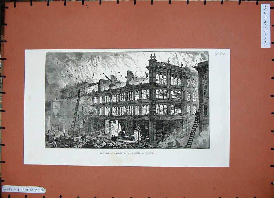 Old Antique Print Fire Whiteley'S Queens-Road Bayswater Ruins Flames 1887 19th