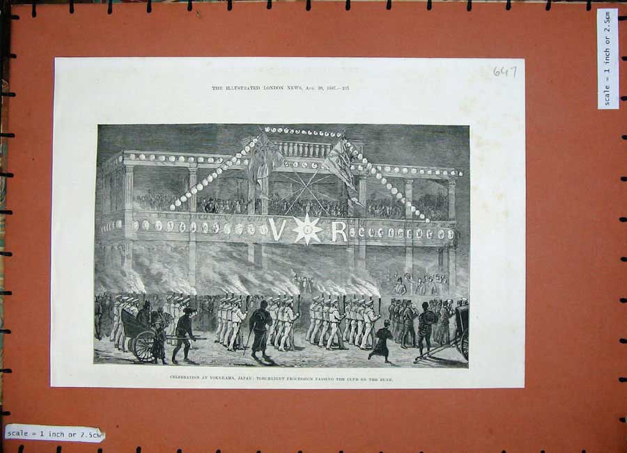 Original Old Antique Print 1887 Torchlight Procession Yokohama Japan Club Bund