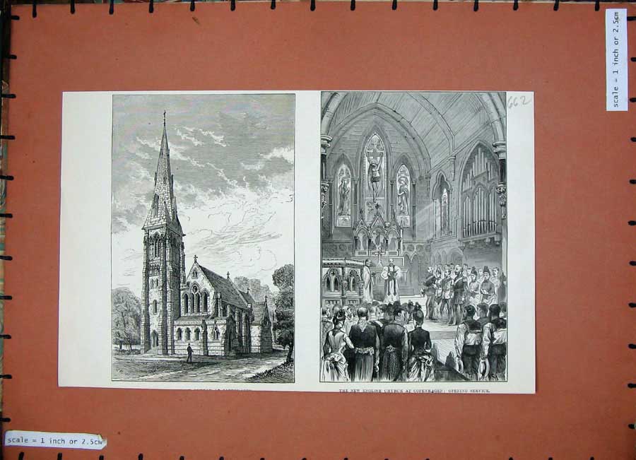 Old Antique Print 1887 English Church Copenhagen Denmark Service Building 19th
