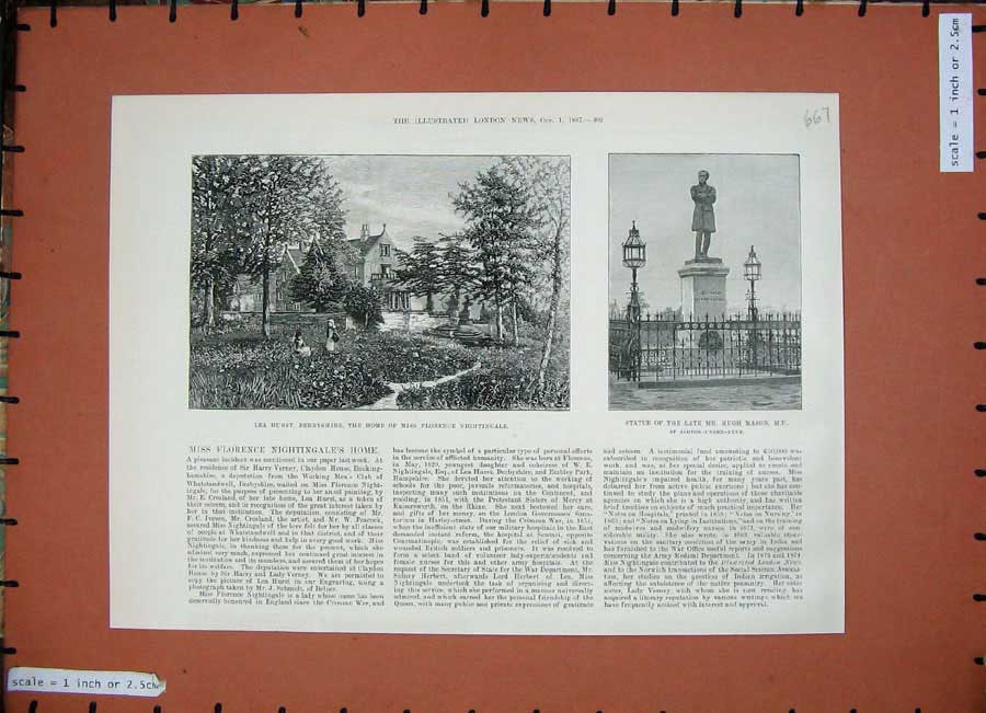 Original Old Antique Print Lea Hurst Derbyshire Nightingale 1887 Statue Manson