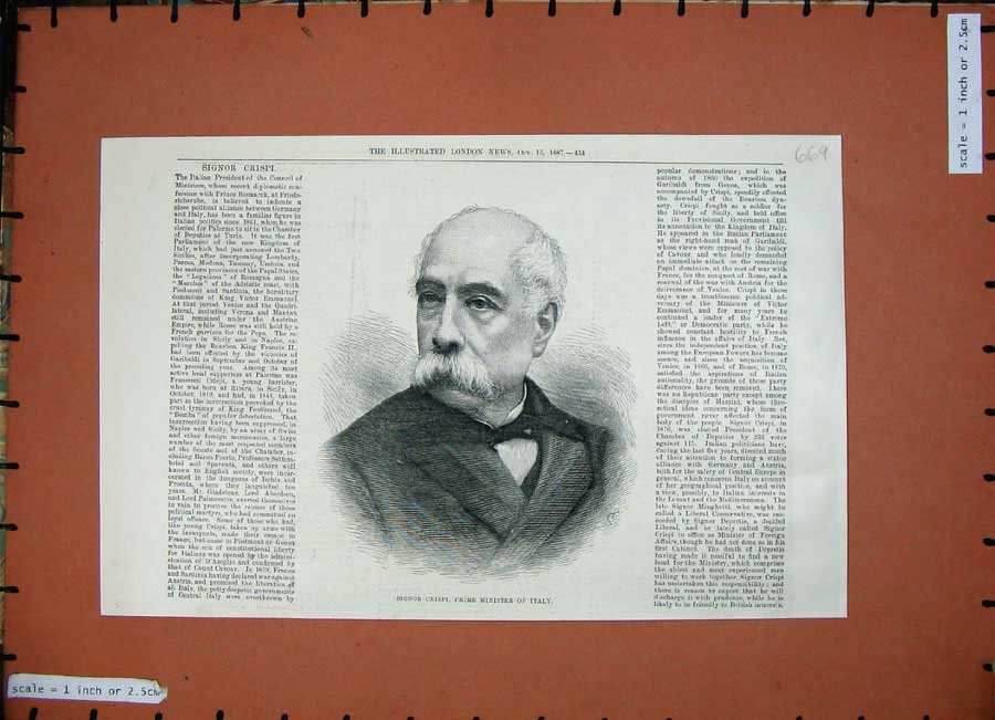 Old Antique Print 1887 Signor Crispi Prime Minister Italy President Man 19th