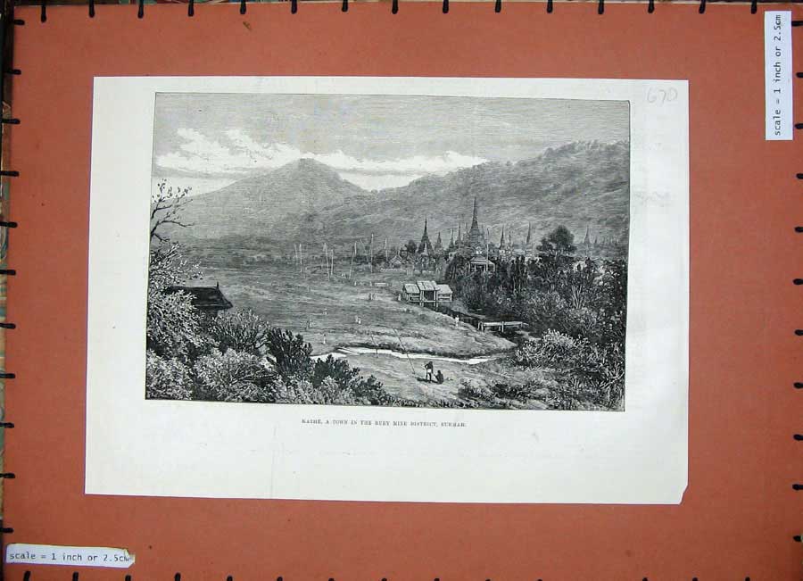 Original Old Antique Print 1887 View Kathe Town Ruby Mine District Burmah Hills