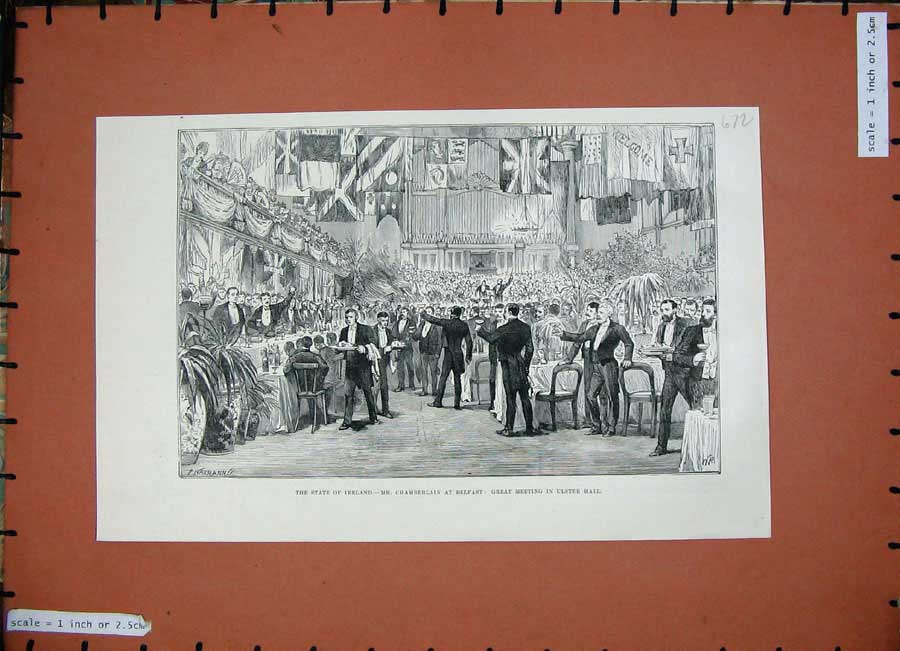 Old Antique Print 1887 Ireland Mr Chamberlain Belfast Meeting Ulster Hall 19th