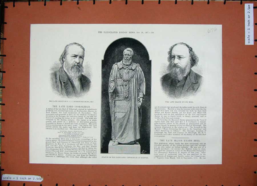 Old Antique Print 1887 Statue Lord Iddesleigh Exeter Beresford-Hope Bell 19th
