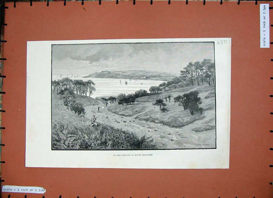 Original Old Antique Print 1887 Montbard Fine Art View Grouns Mount Edgcumbe