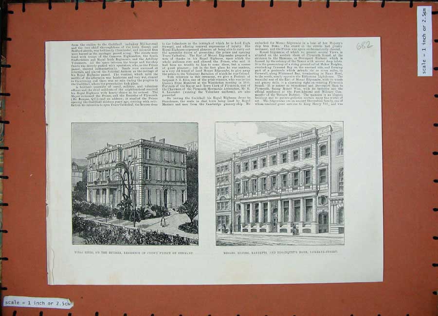 Original Old Antique Print Villa Zirio Crown Prince Germany 1887 Lombard Bank