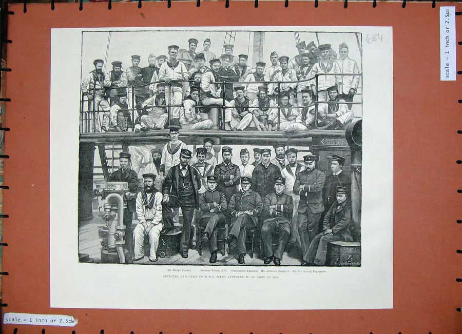 Old Antique Print 1887 Officers H.M.S Wasp Gunner Nunan Adamson Attwood 19th