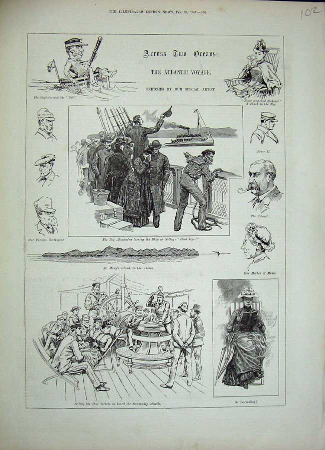 Original Old Antique Print 1888 Atlantic Voyage Ship Tug Alexandra Azores Mary