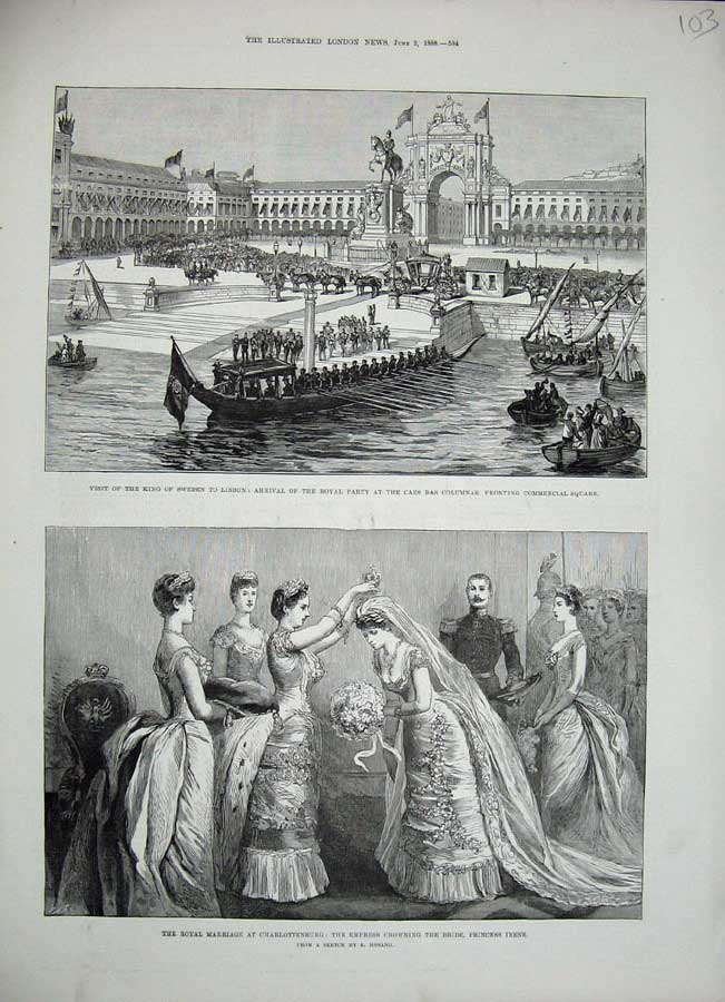 Original Old Antique Print 1888 King Sweden Lisbon Caes Columnas Charlottenburg