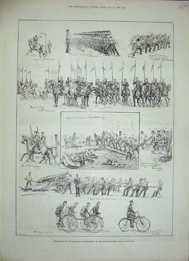 Original Old Antique Print 1888 Military Tournament Agricultural Hall Islington