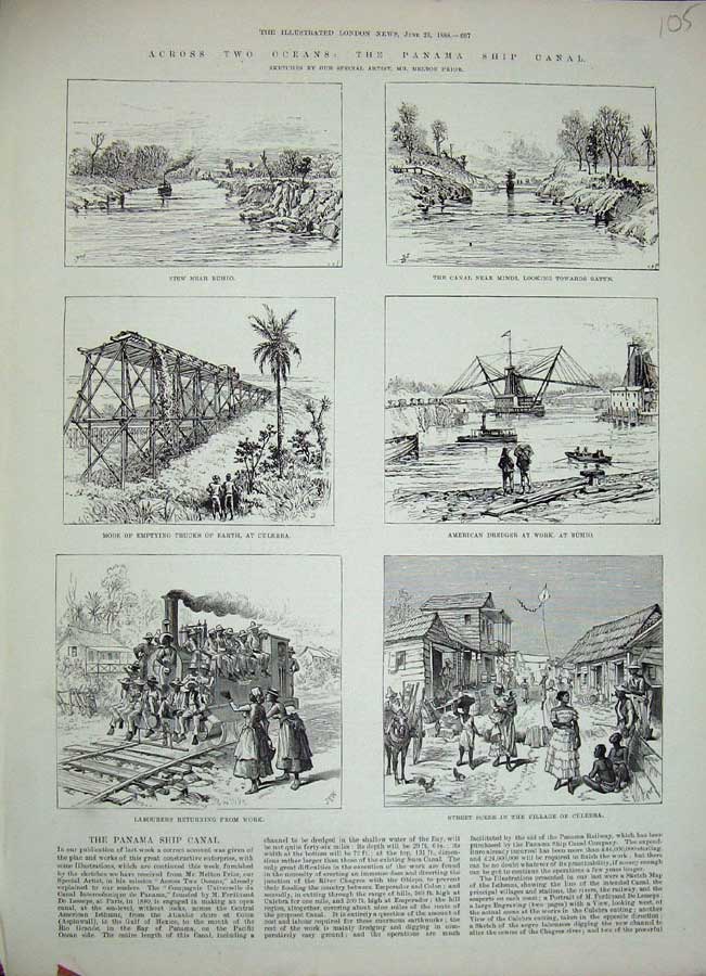 Old Antique Print 1888 Panama Ship Canal Buhio Mindi Culebra Train Native 19th
