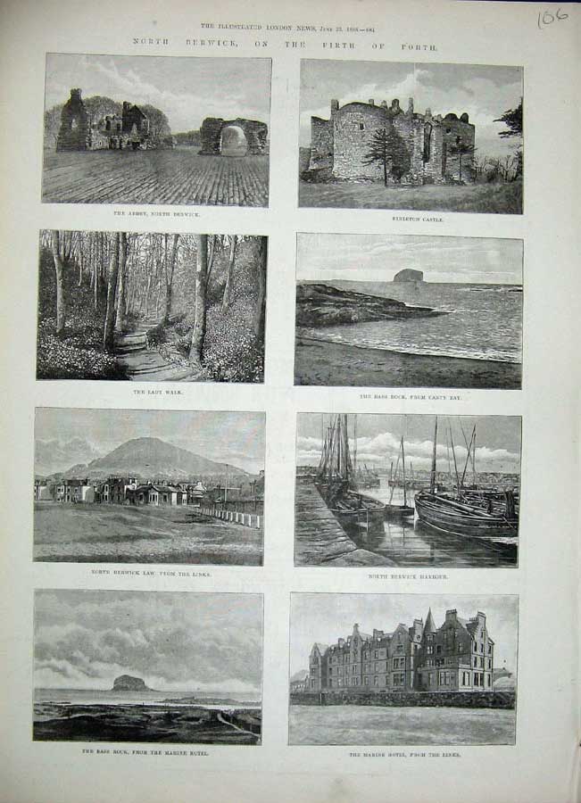 Old Antique Print 1888 Berwick Abbey Dirleton Marine Hotel Bass Rock Bay 19th