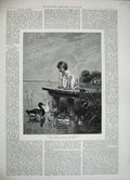 Old Antique Print 1888 Little Girl Ducks Nature River Grass Beyschlag Art 19th