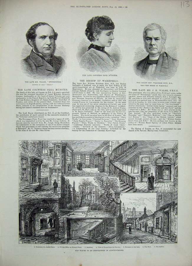 Original Old Antique Print 1888 Austin-Friars Walsham Olga Munster Walsh Editor