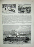 Original Old Antique Print 1888 Tower Bridge London Manchester Ship Canal Snow