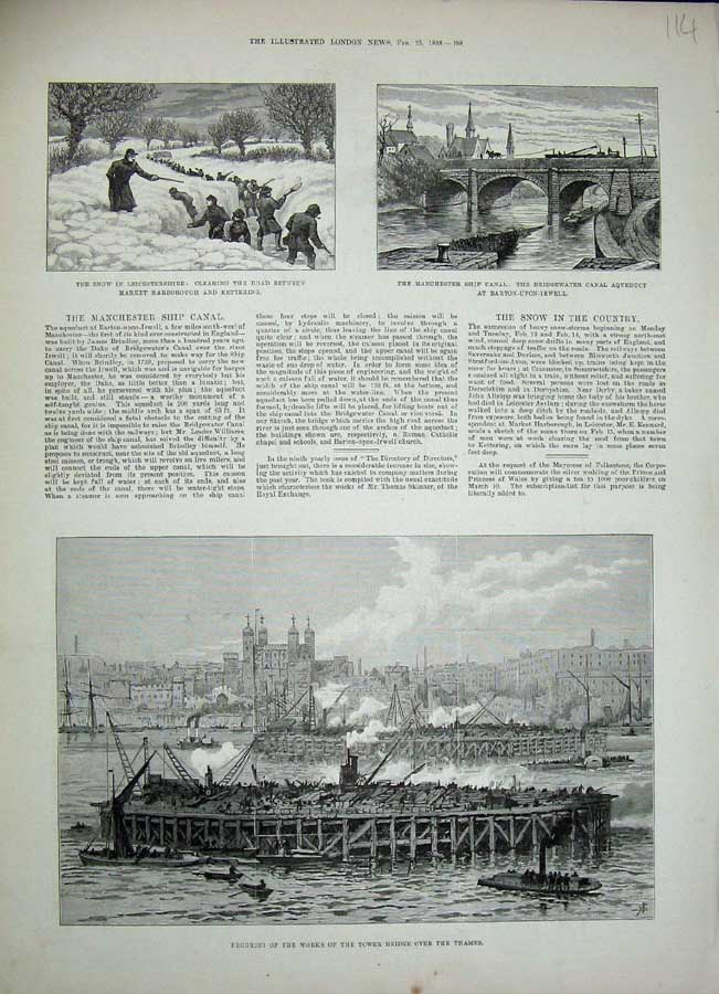 Original Old Antique Print 1888 Tower Bridge London Manchester Ship Canal Snow