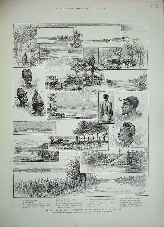 Original Old Antique Print 1888 Emin Pasha River Congo Aruwimi Natives Stanley