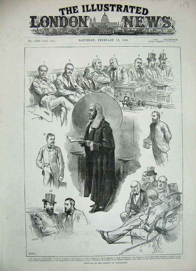 Old Antique Print 1888 Parliament Balfour Stanhope Churchill Parnell Men 19th