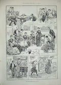 Original Old Antique Print 1888 Family Indoor Games Children Sport Cards Tennis