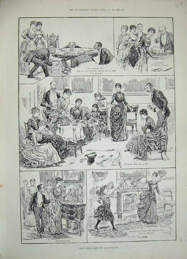 Original Old Antique Print 1888 Family Indoor Games Children Sport Cards Tennis