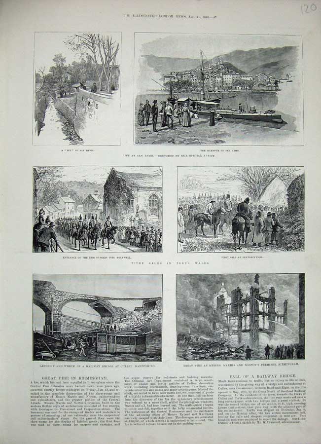 Original Old Antique Print 1888 Birmingham Fire Railway Bridge Harbour San Remo