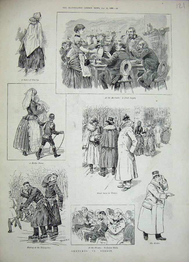 Old Antique Print 1888 Berlin Germany Theatre Orchestra Stall Ice Skating 19th