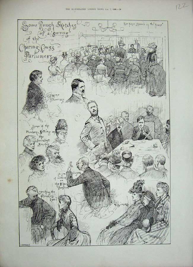 Old Antique Print 1888 Charing Cross Parliament Home Secretary Speakers 19th