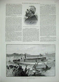 Original Old Antique Print 1888 King Sweden Oscar Charlottenburg Potsdam River