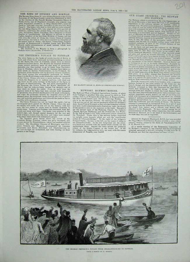 Original Old Antique Print 1888 King Sweden Oscar Charlottenburg Potsdam River