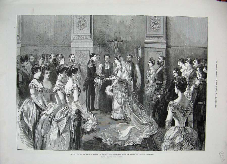 Old Antique Print 1888 Marriage Prince Henry Prussia Irene Charlottenburg 19th