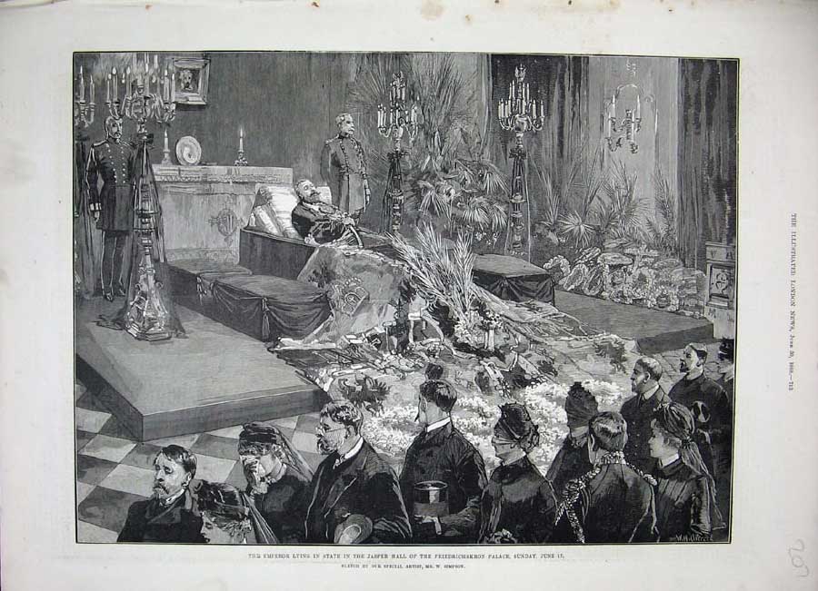 Old Antique Print 1888 Emperor Lying State Jasper Friedrichskron Palace 19th