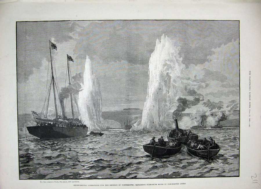 Old Antique Print 1888 Portsmouth Exploding Submarines Porchester Creek 19th