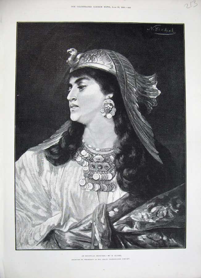 Original Old Antique Print 1888 Fine Art Portrait Egyptian Princess Sichel 19th