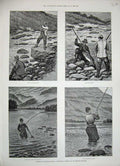 Original Old Antique Print 1888 Fishing Norway Men River Trout Angler Sport Art