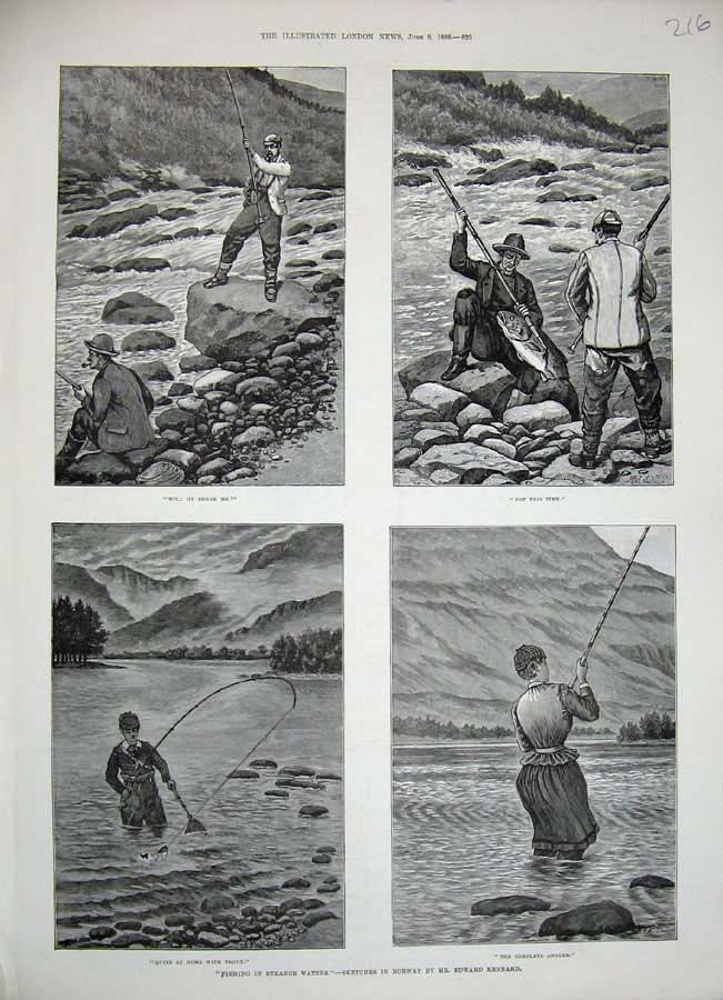 Original Old Antique Print 1888 Fishing Norway Men River Trout Angler Sport Art