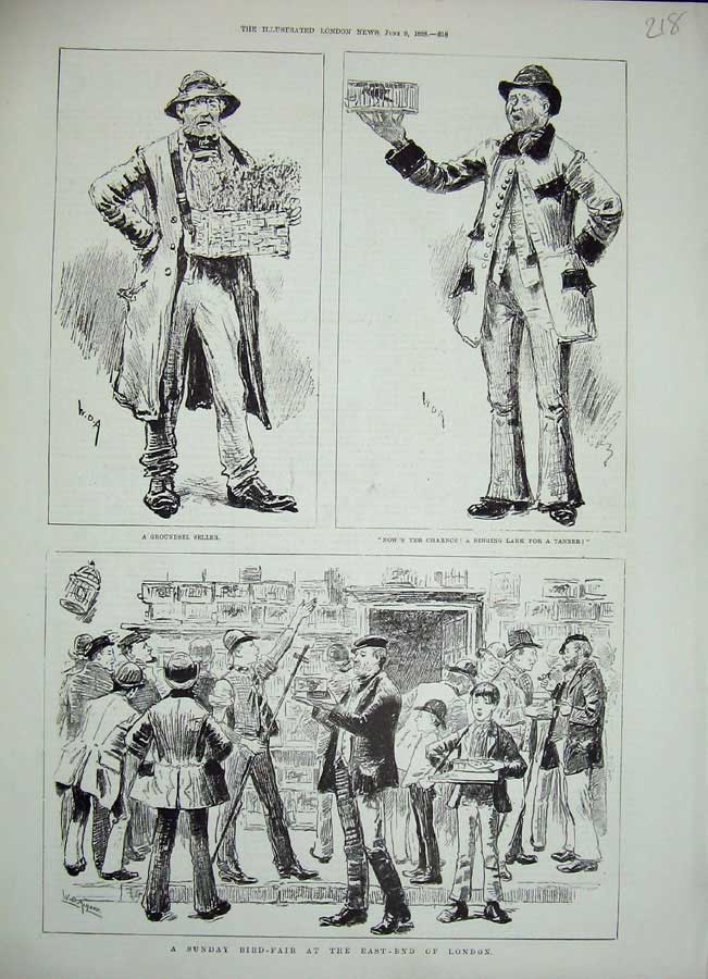 Original Old Antique Print 1888 Sunday Bird Fair London Seller Men Sketch 19th