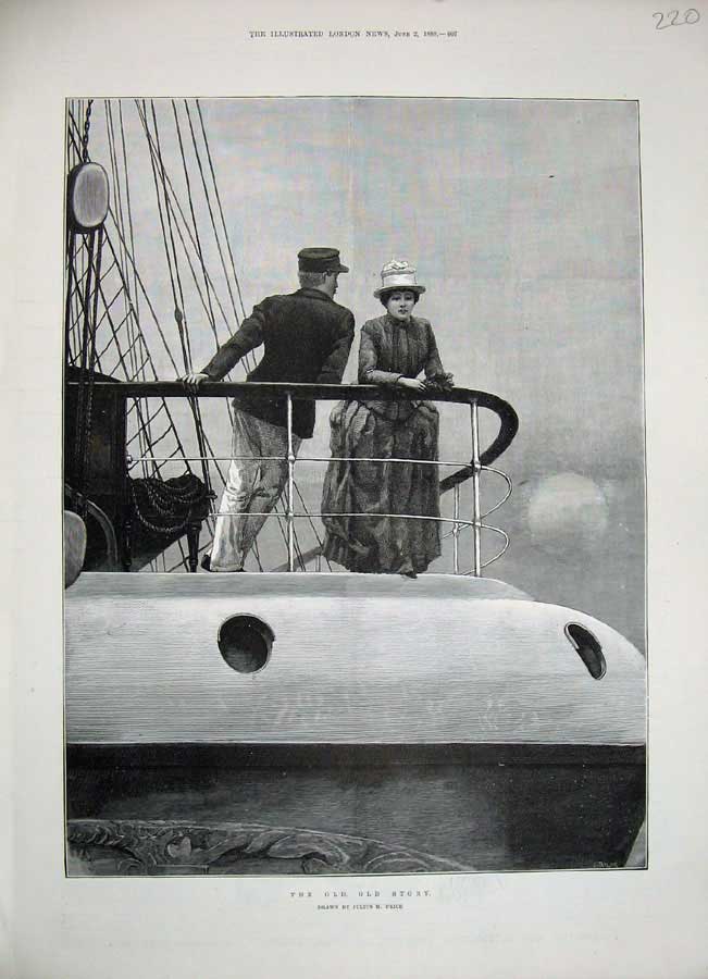 Original Old Antique Print 1888 Julius Price Fine Art Lady Man Ship Sea Romance