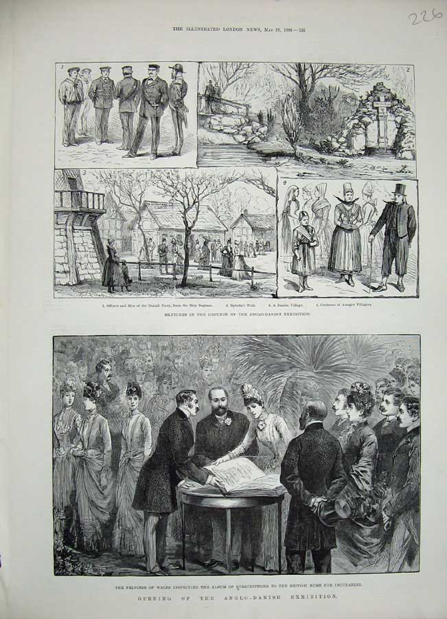 Old Antique Print 1888 Anglo-Danish Exhibition Prince Wales Amager People 19th