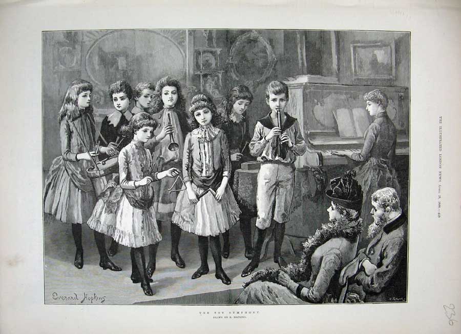 Original Old Antique Print 1888 Children Music Instruments Everard Hopkins Art