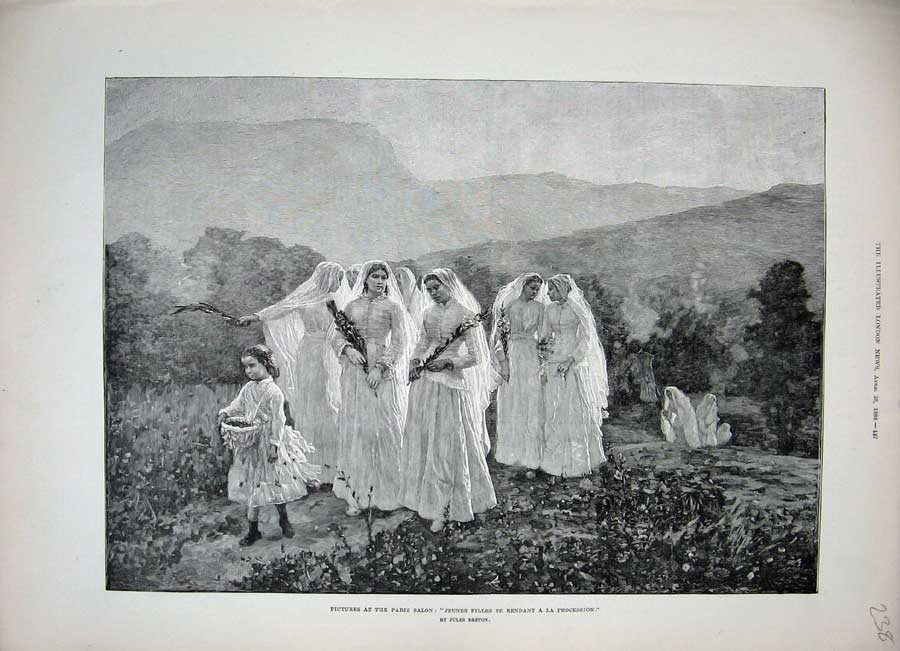 Original Old Antique Print 1888 Jeunes Filles Rendant Procession Women Costumes