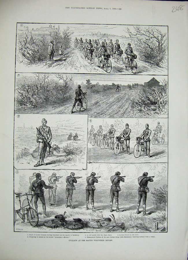 Original Old Antique Print 1888 Cyclists Easter Volunteer Ta Army Siers Sport