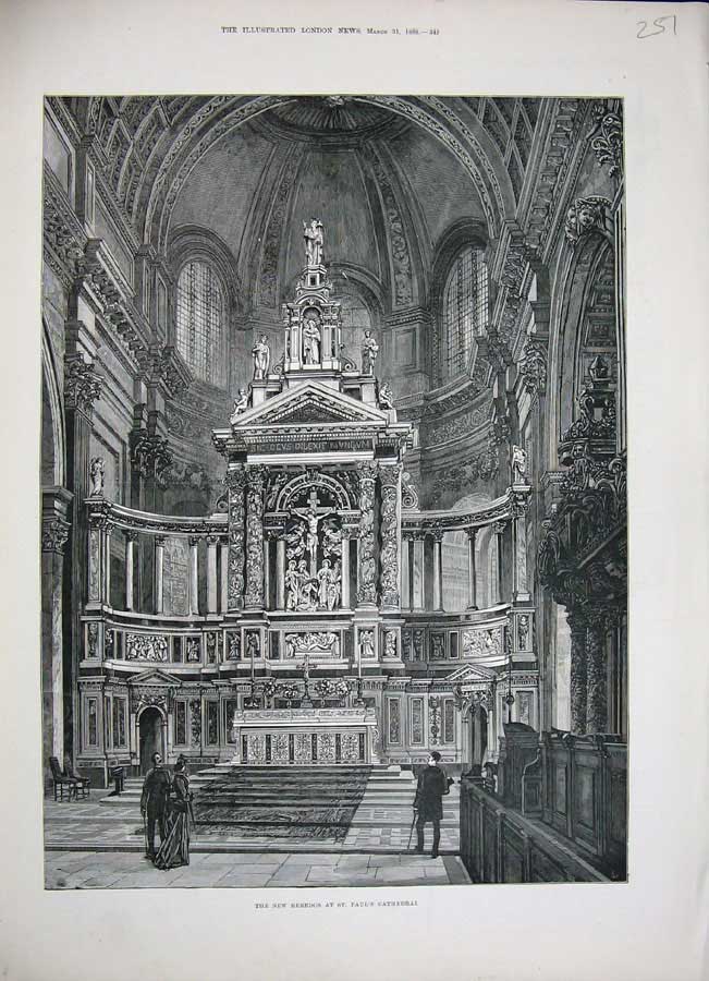 Old Antique Print 1888 Reredos St Pauls Cathedral Architecture Building 19th