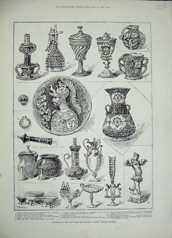 Old Antique Print 1888 Glass Ceramic Gallery British Museum Exhibtion Art 19th