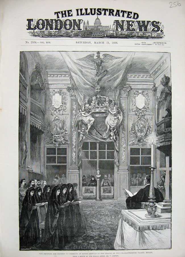 Old Antique Print 1888 Emperor Germany Chapel Charlottenburg Berlin Art 19th