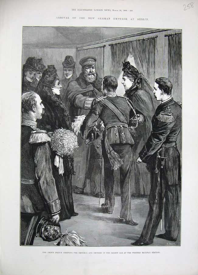 Original Old Antique Print 1888 Crown Prince Emperor Saloon Car Railway Station