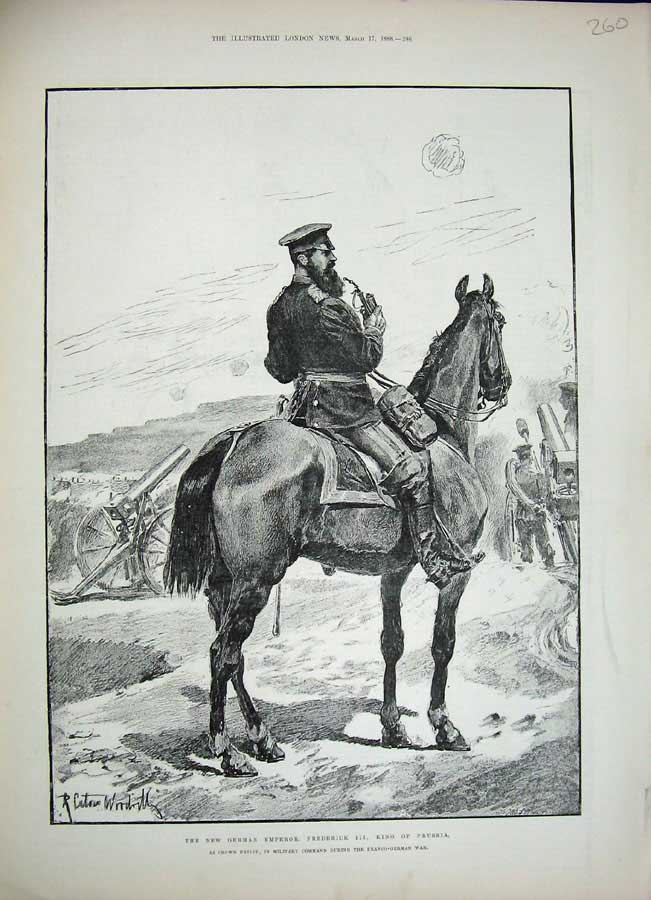 Old Antique Print 1888 German Emperor Frederick King Prussia Horse Army 19th