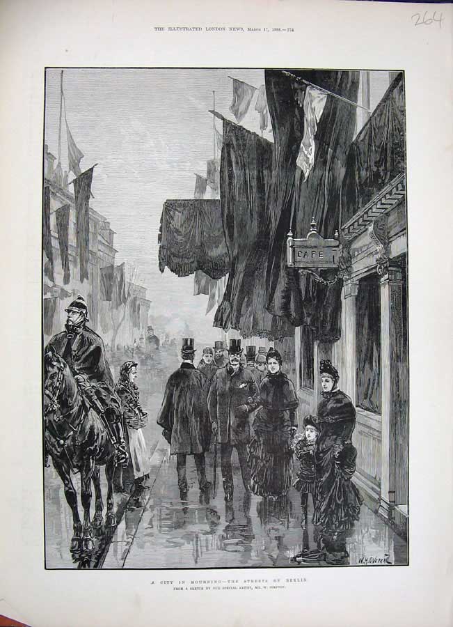 Old Antique Print 1888 Streets City Berlin Germany People Funeral Horse 19th